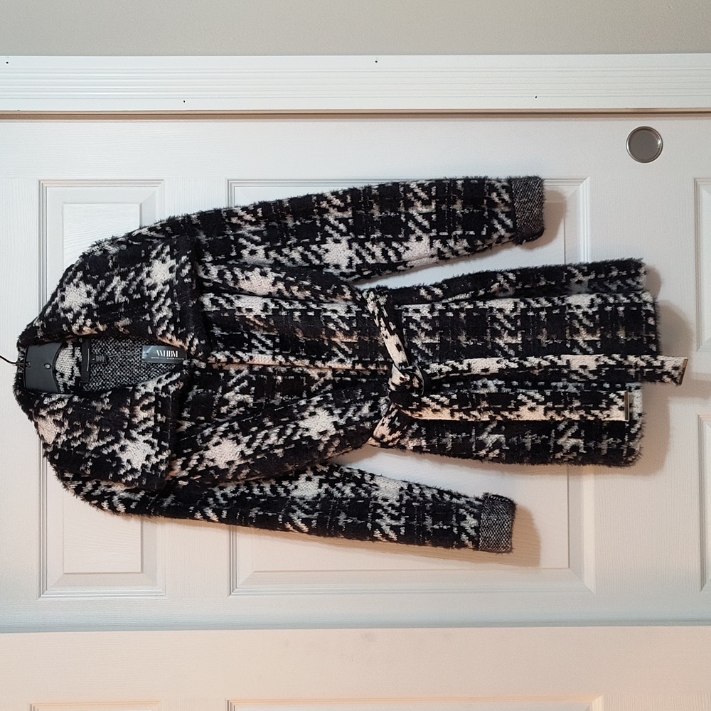 White House Black Market Brushed Plaid Sweater Coat